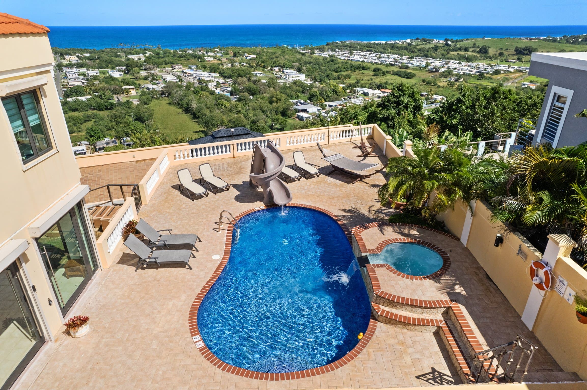 Aerial of the pool and hot tub