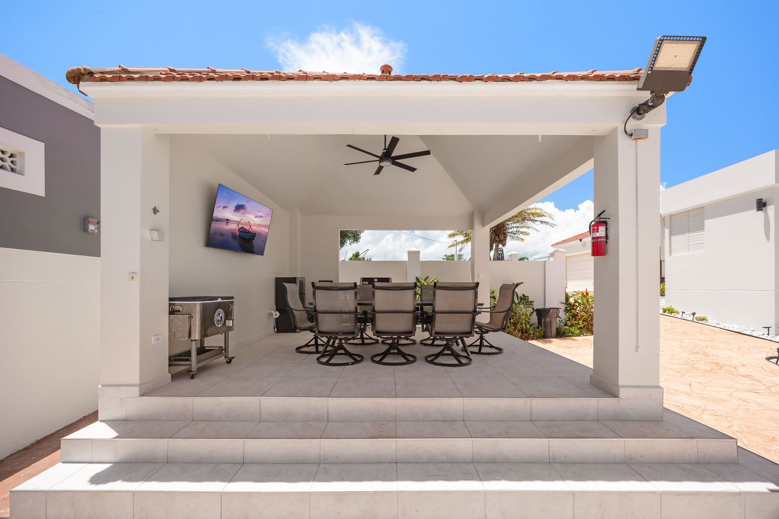 Shaded outdoor dining pavilion
