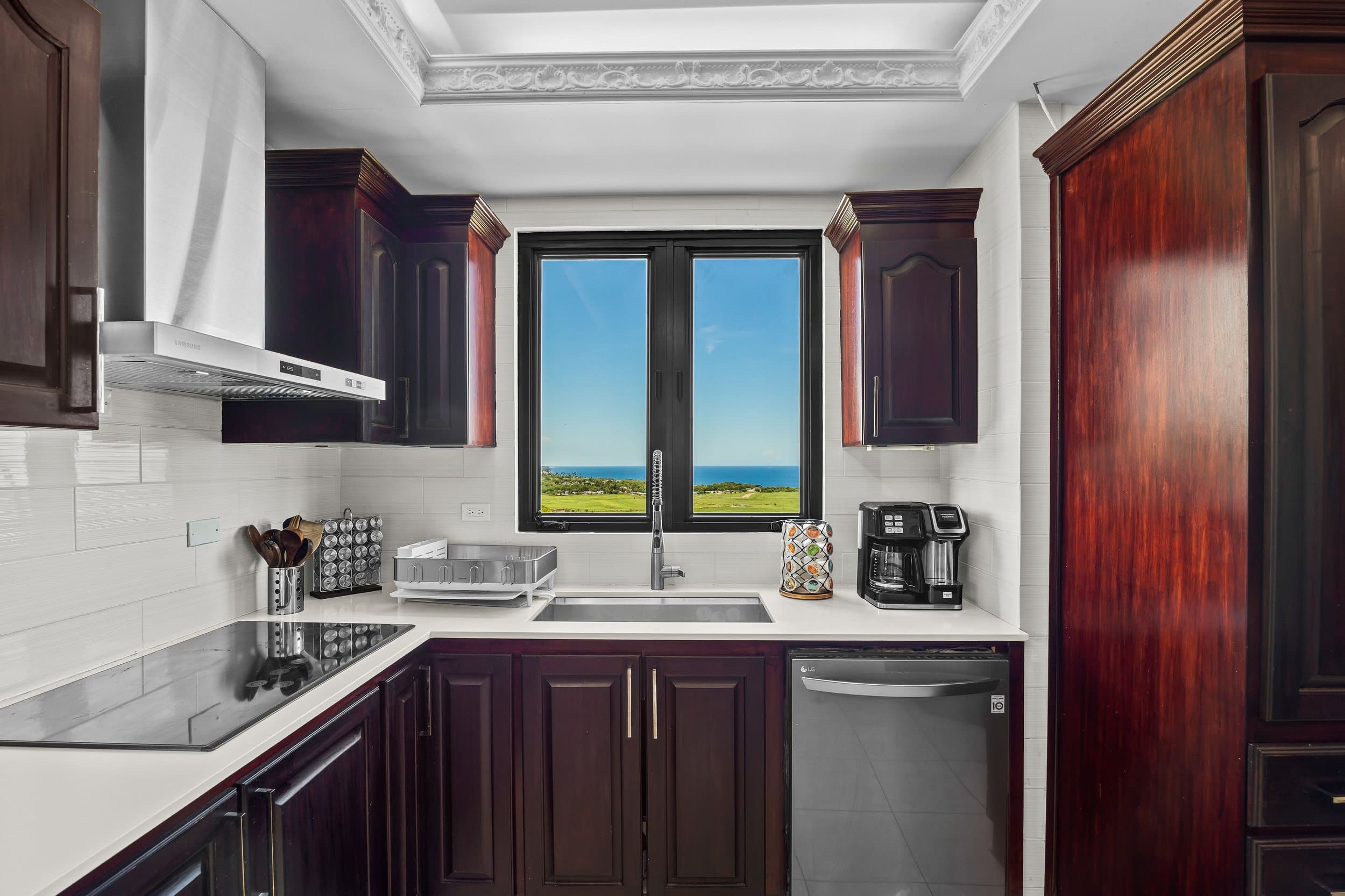 Kitchen window framing the Atlantic
