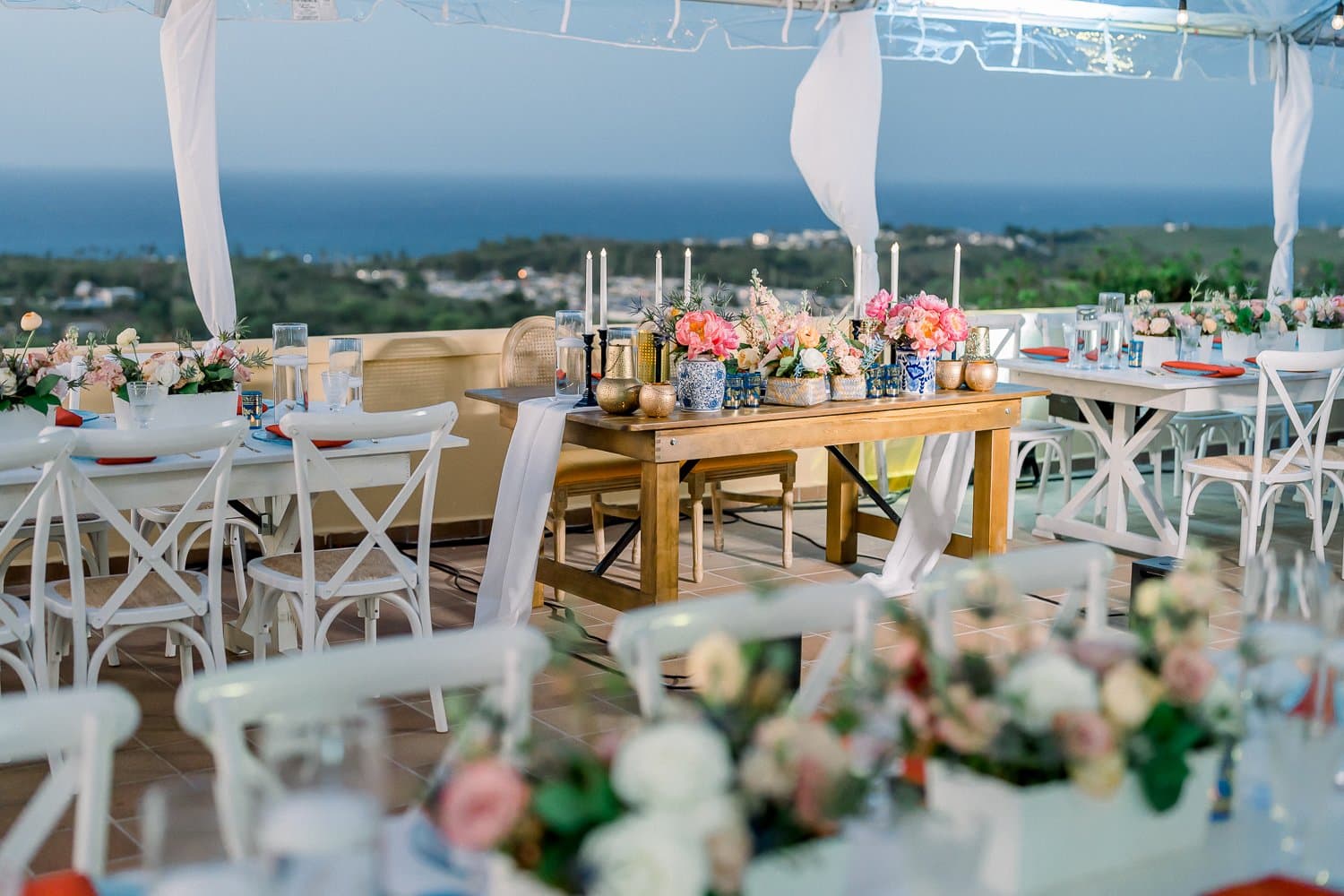 Celebration tablescape with ocean backdrop